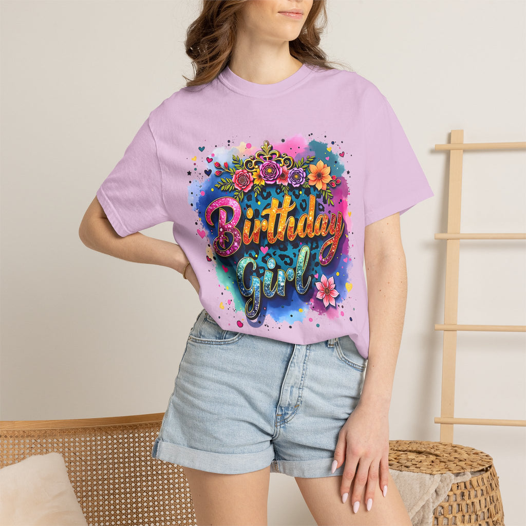 Birthday Girl T-shirt | Floral Watercolor Script, Colorful Confetti Design