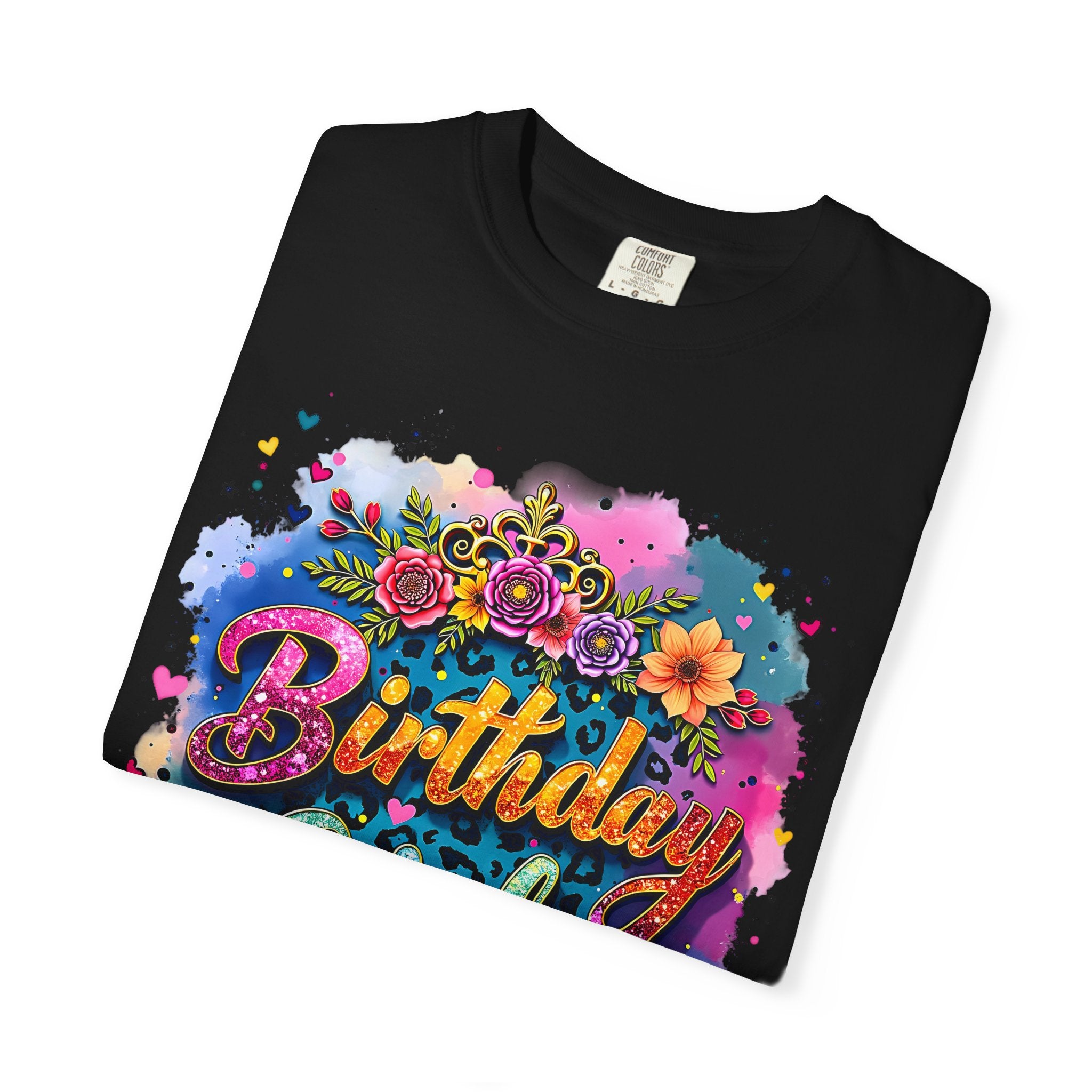 Birthday Girl T-shirt | Floral Watercolor Script, Colorful Confetti Design