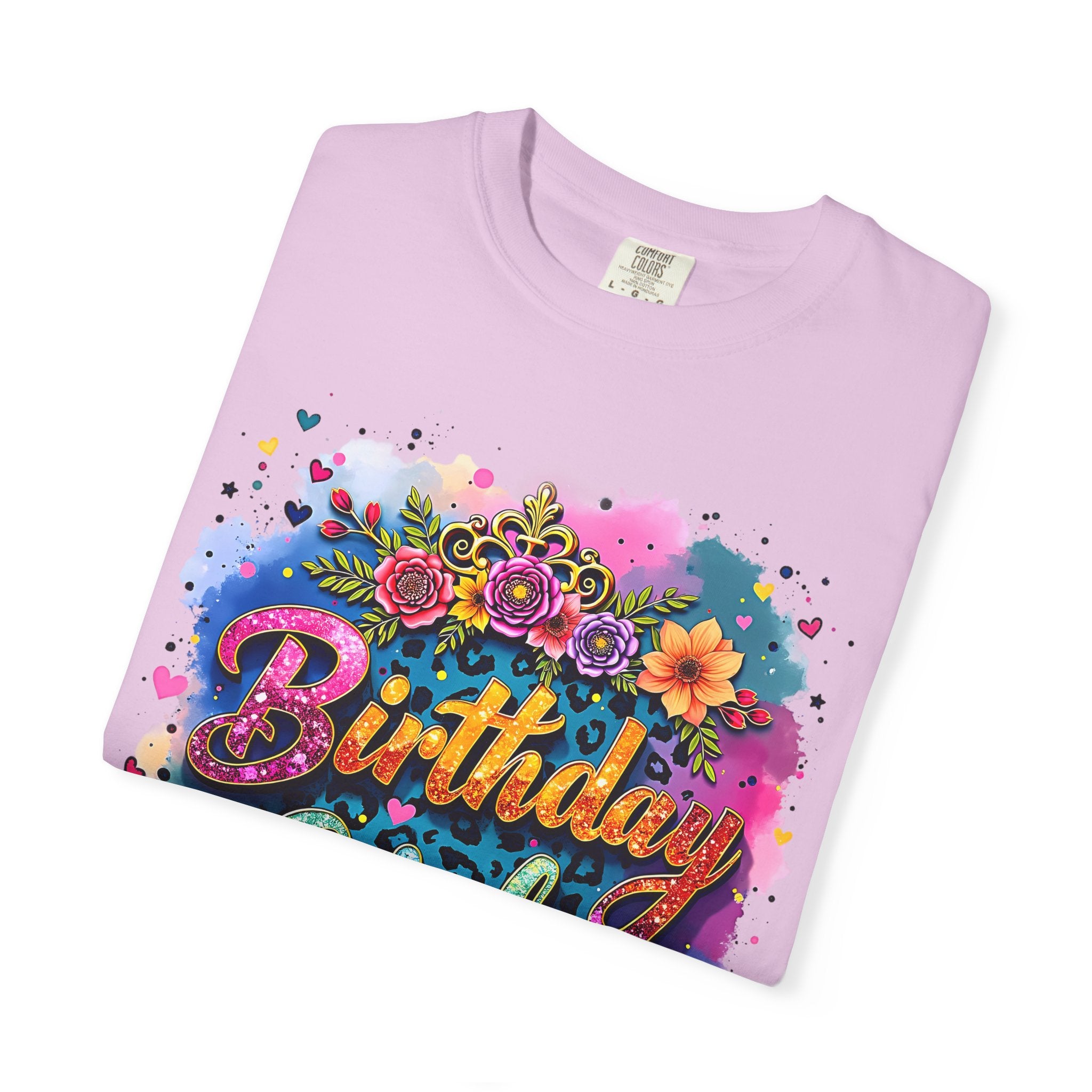 Birthday Girl T-shirt | Floral Watercolor Script, Colorful Confetti Design
