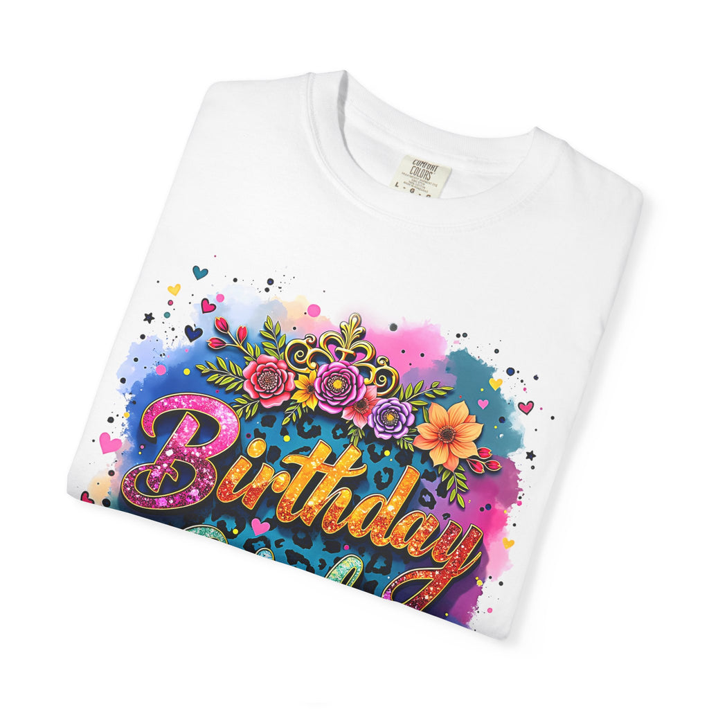 Birthday Girl T-shirt | Floral Watercolor Script, Colorful Confetti Design