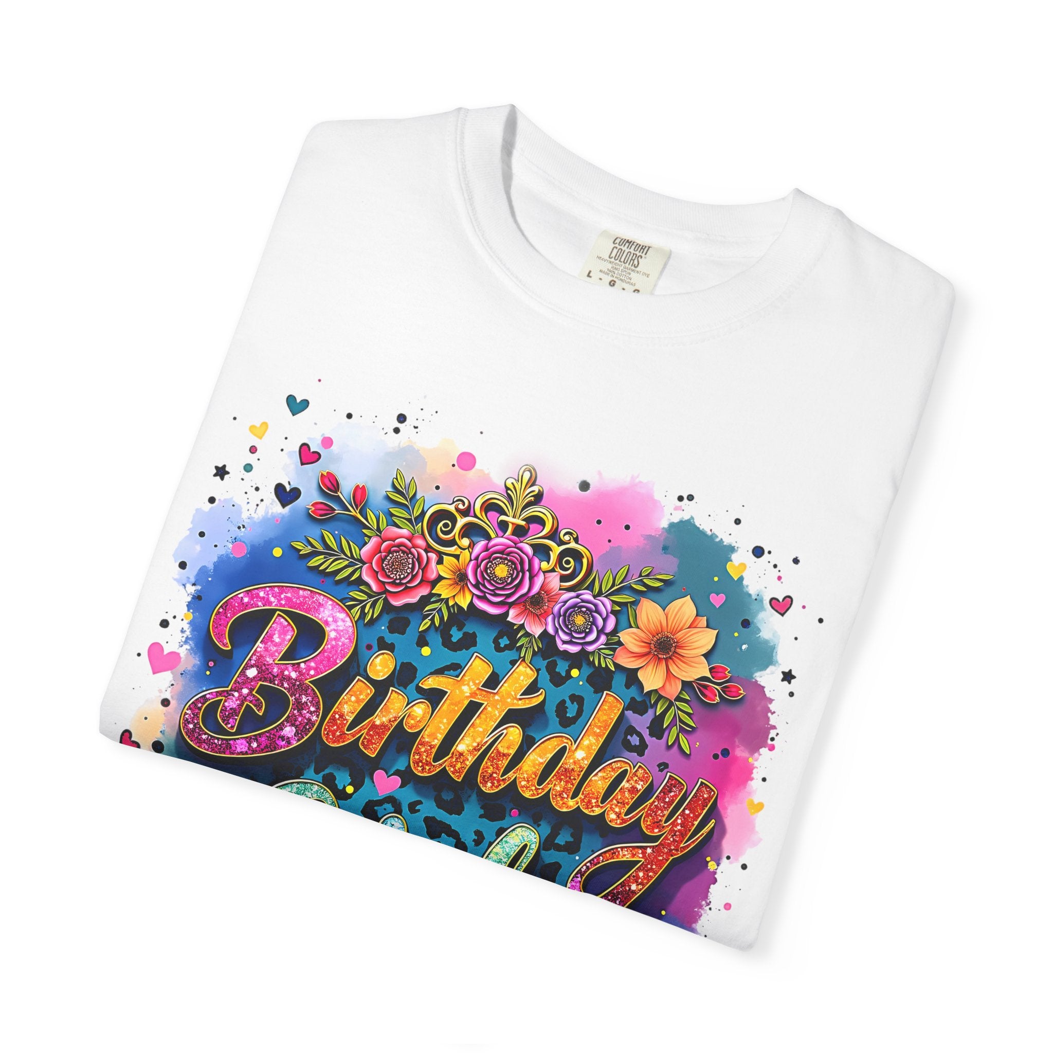 Birthday Girl T-shirt | Floral Watercolor Script, Colorful Confetti Design