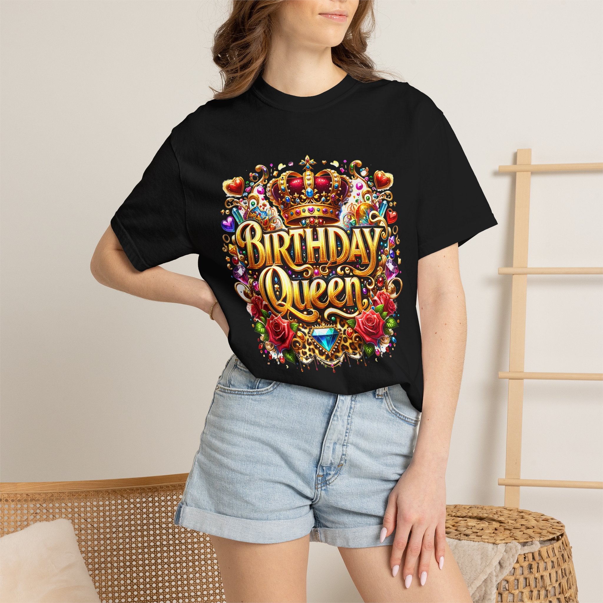 Birthday Queen T-Shirt | Crown, Roses, Colorful Confetti