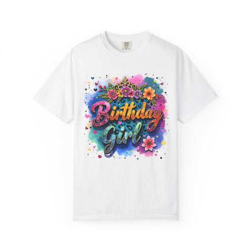 Birthday Girl T-shirt | Floral Watercolor Script, Colorful Confetti Design