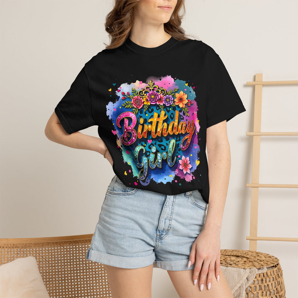 Birthday Girl T-shirt | Floral Watercolor Script, Colorful Confetti Design