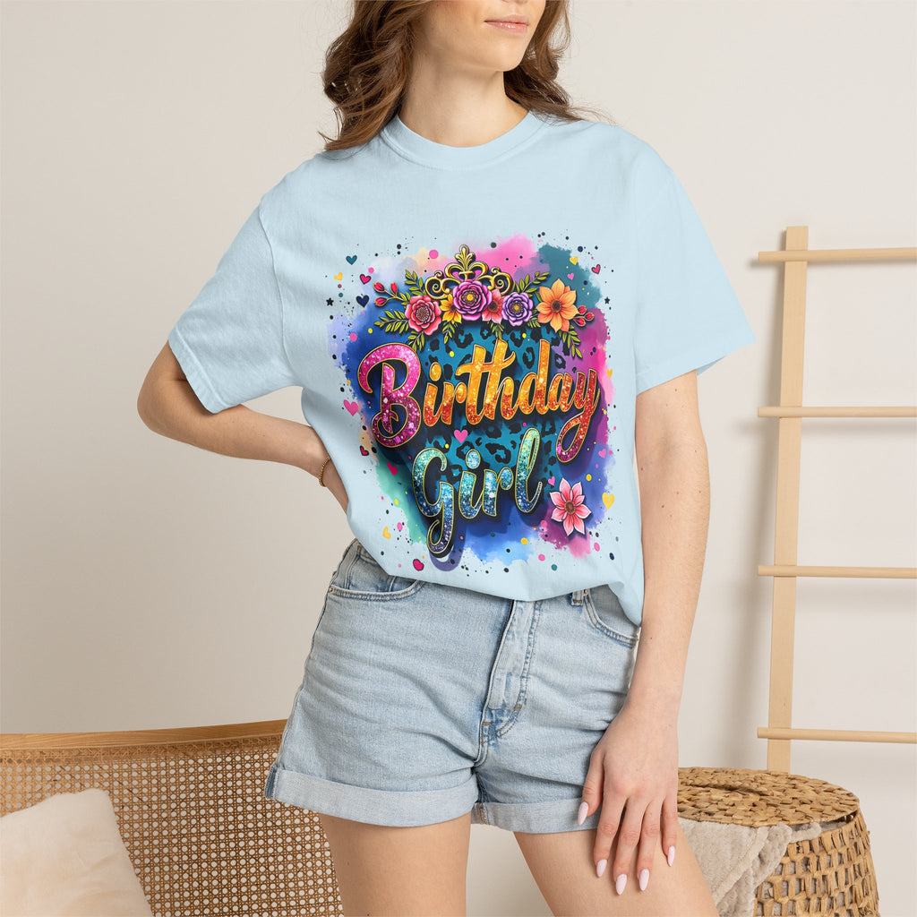 Birthday Girl T-shirt | Floral Watercolor Script, Colorful Confetti Design