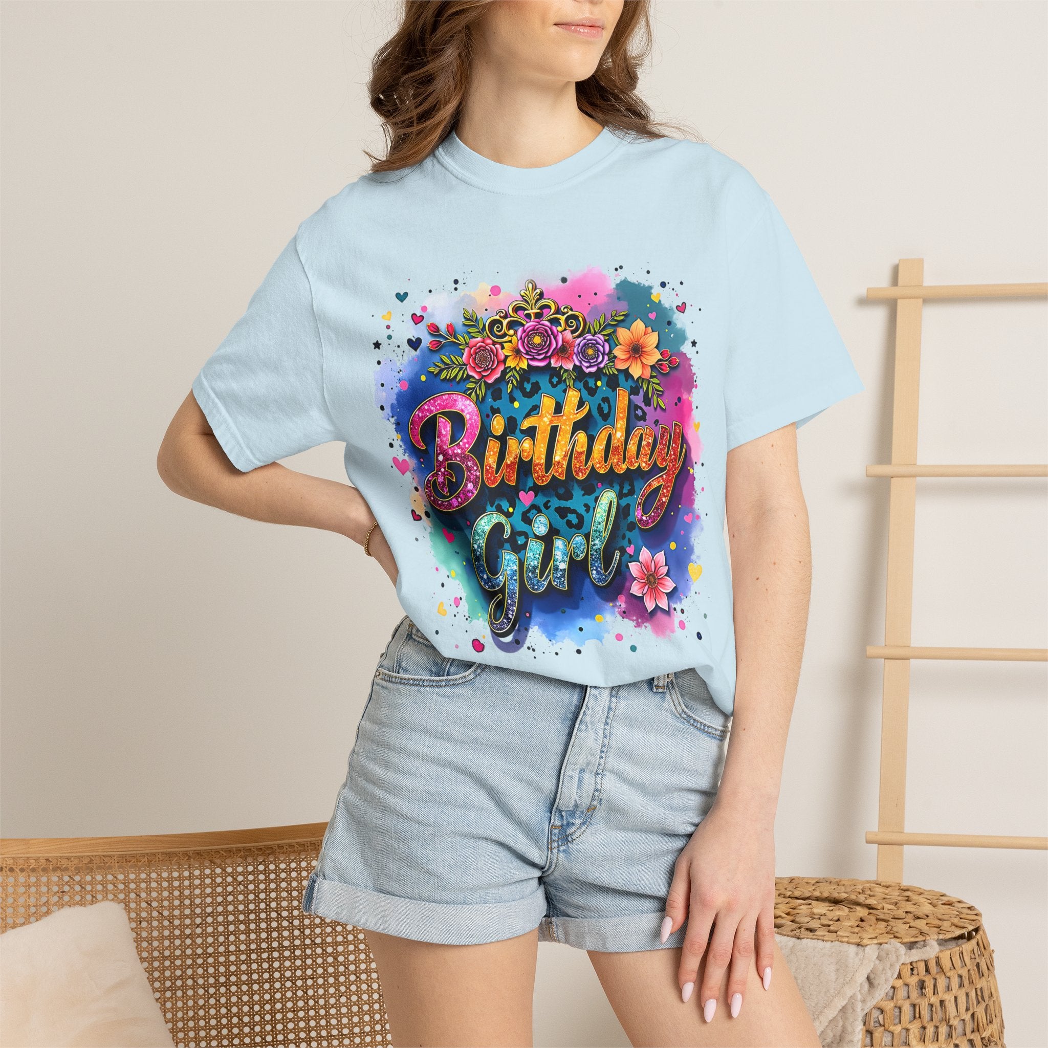 Birthday Girl T-shirt | Floral Watercolor Script, Colorful Confetti Design