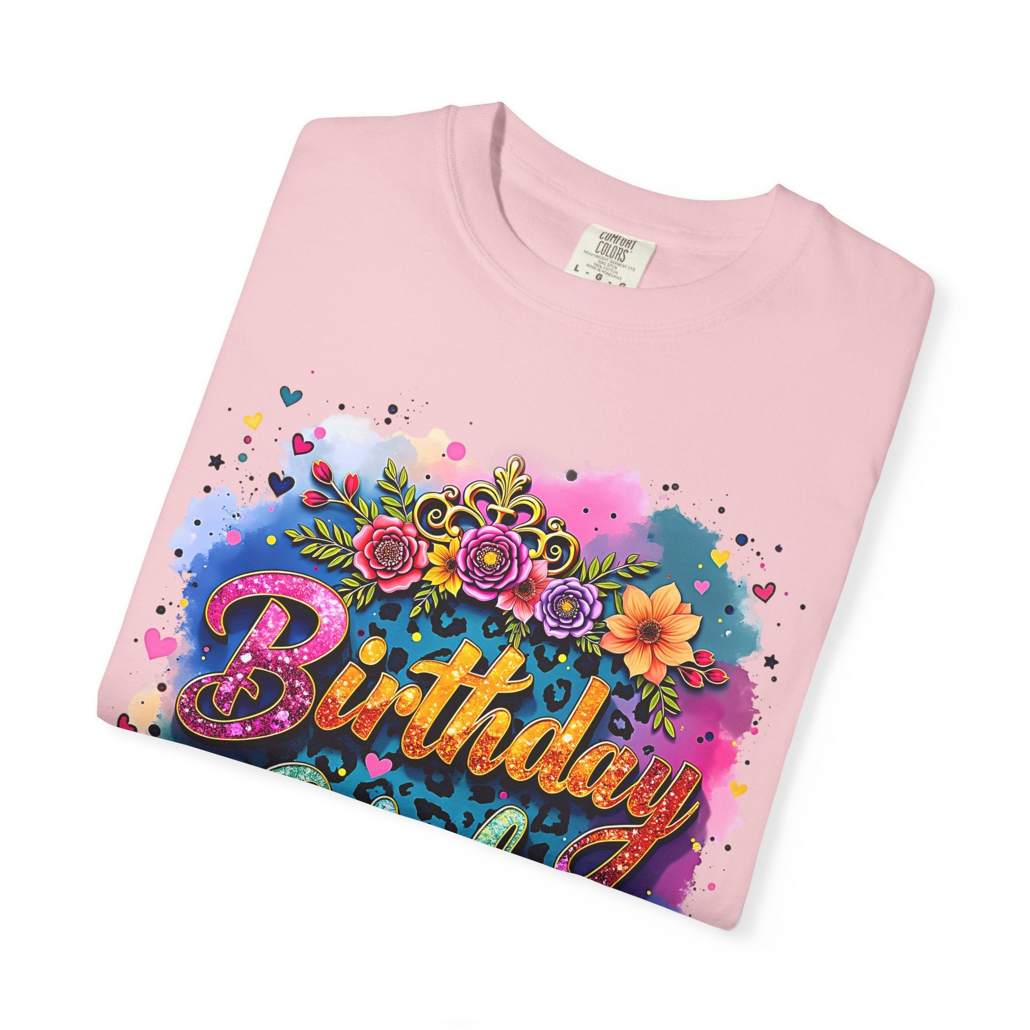 Birthday Girl T-shirt | Floral Watercolor Script, Colorful Confetti Design