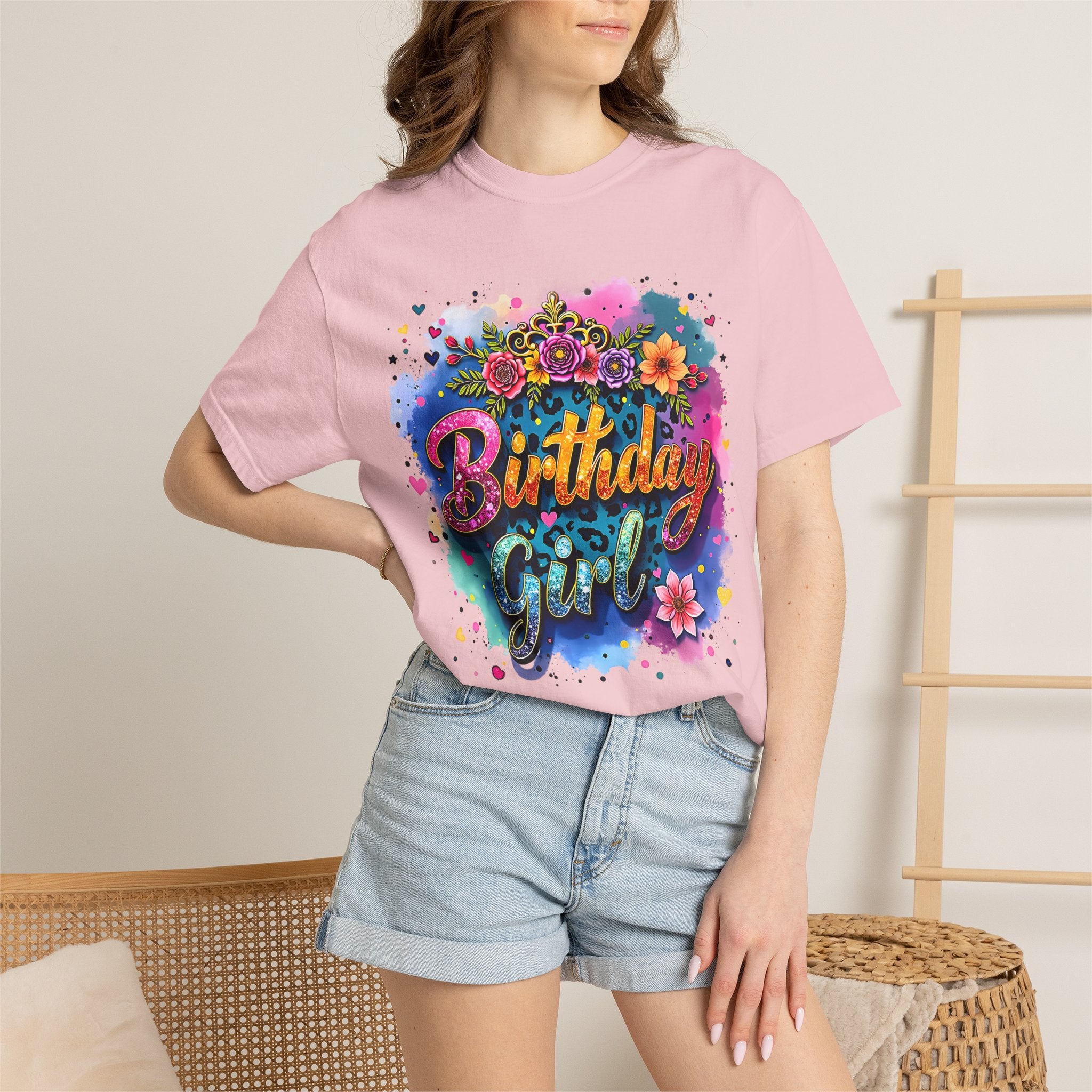 Birthday Girl T-shirt | Floral Watercolor Script, Colorful Confetti Design