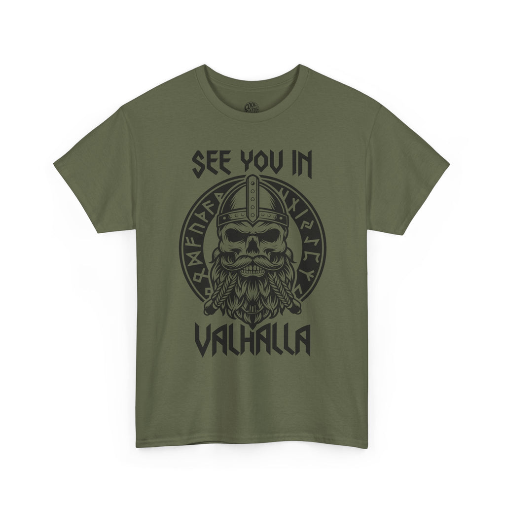 See You in Valhalla T-Shirt | Viking Skull Helmet Design