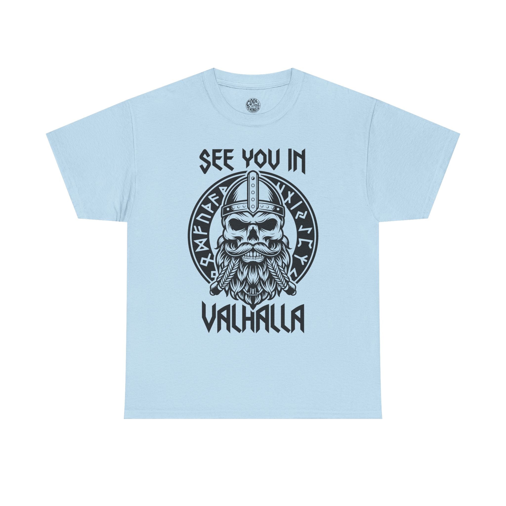 See You in Valhalla T-Shirt | Viking Skull Helmet Design