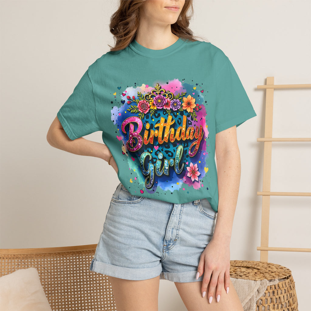 Birthday Girl T-shirt | Floral Watercolor Script, Colorful Confetti Design