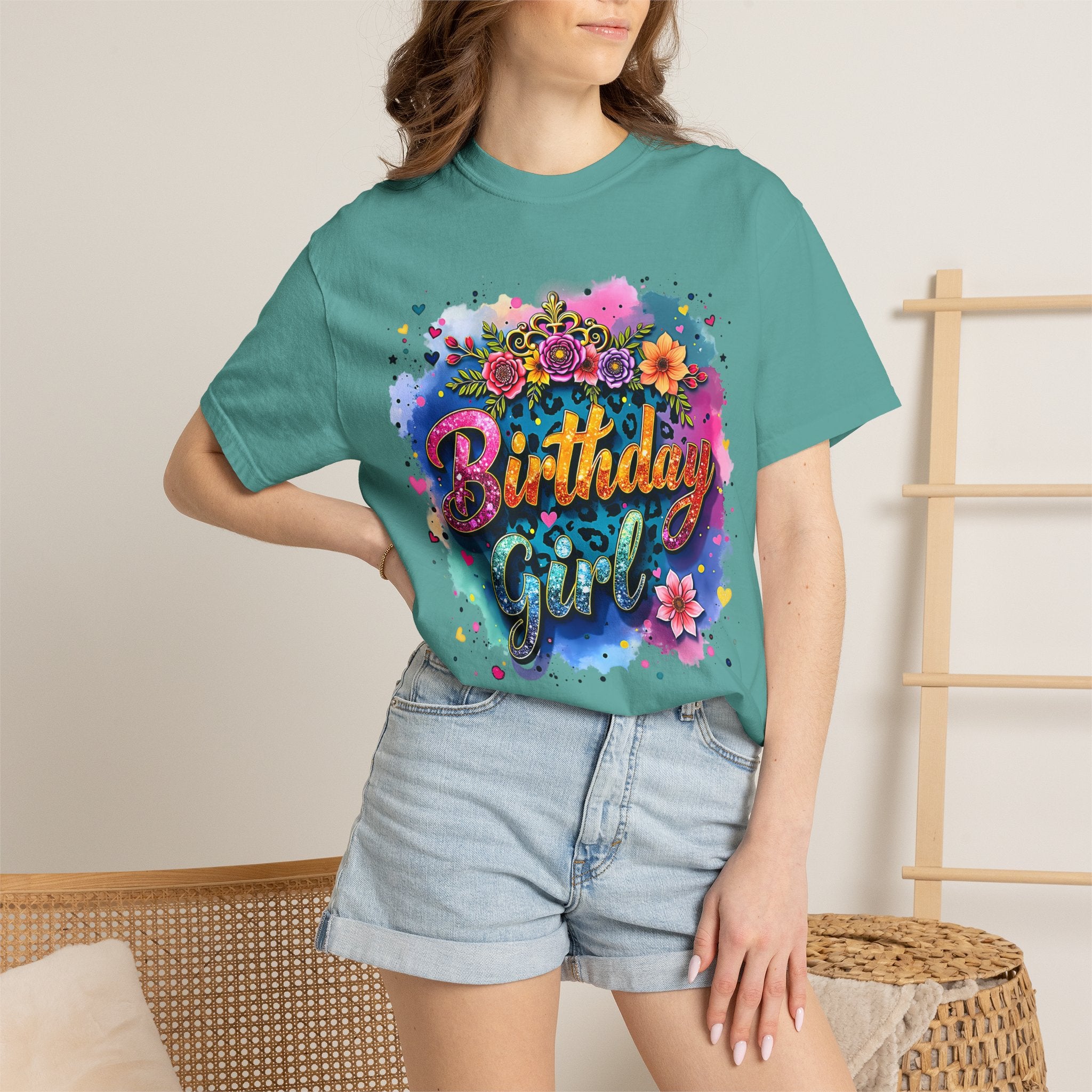 Birthday Girl T-shirt | Floral Watercolor Script, Colorful Confetti Design