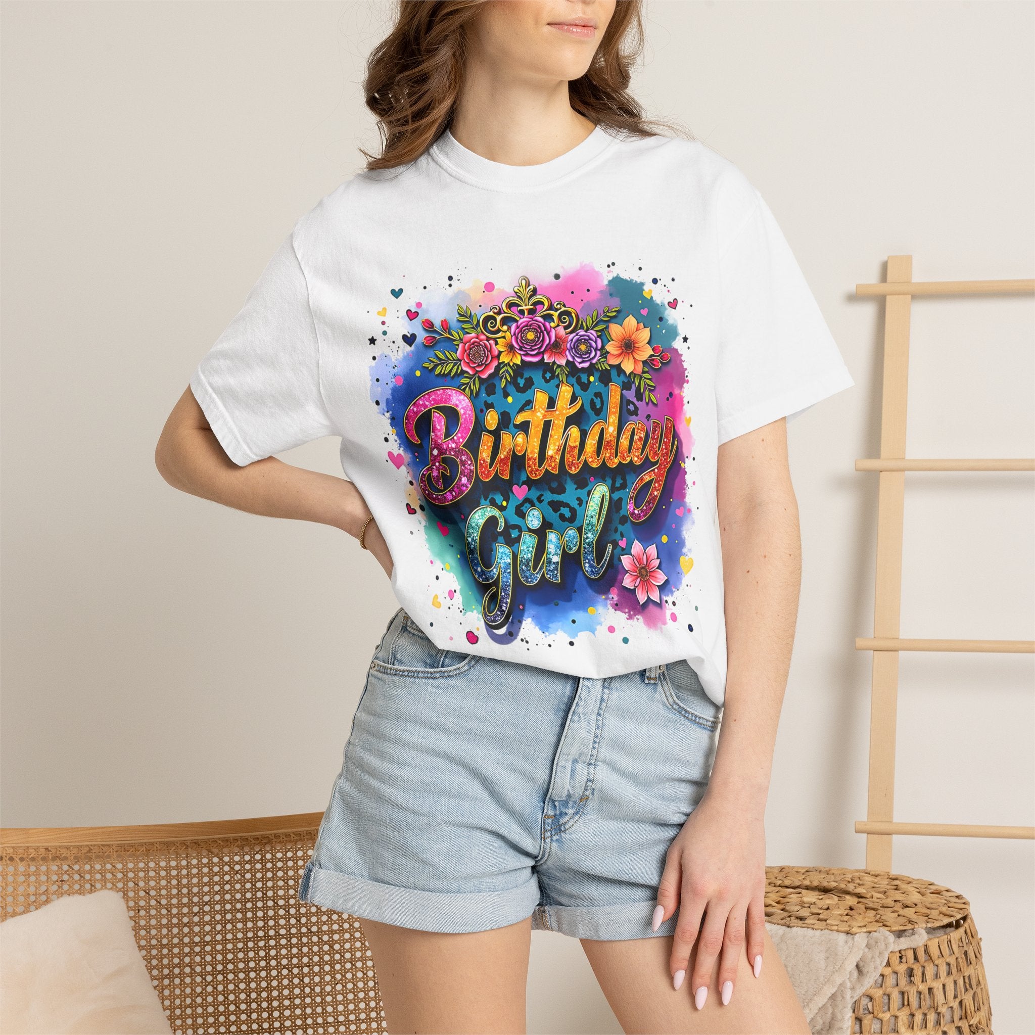 Birthday Girl T-shirt | Floral Watercolor Script, Colorful Confetti Design